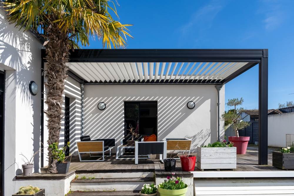 Outdoor patio awning on a white building
